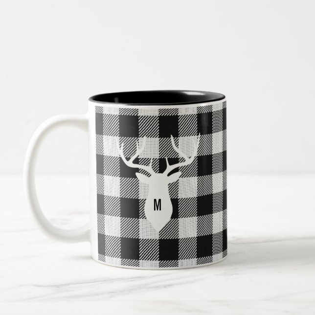Rustic Black White Buffalo Check Deer Monogrammed Two-Tone Coffee Mug (Left)