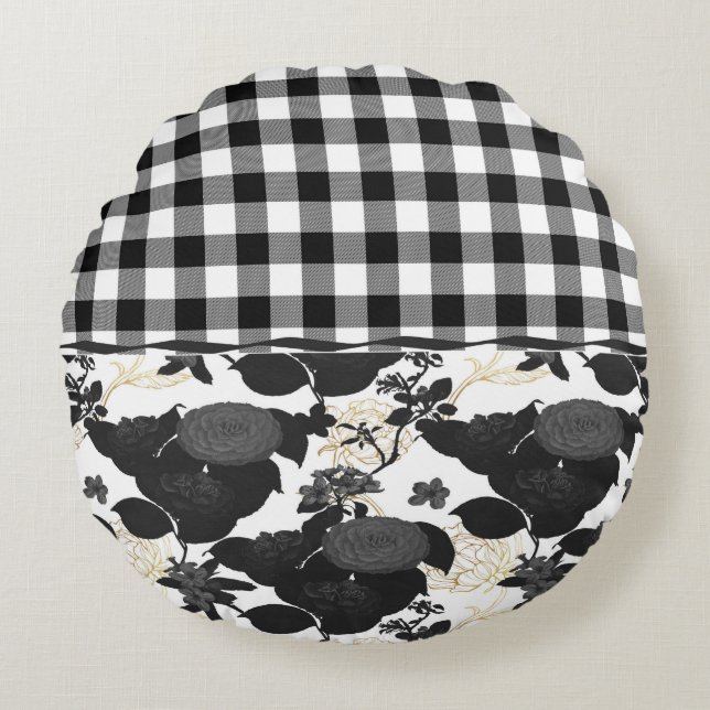 Rustic Black White Buffalo Checks Flower Round Cushion (Front)