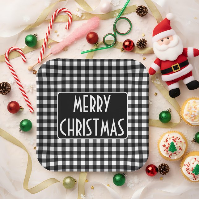 Rustic Black & White Buffalo Plaid Merry Christmas Paper Plate (Creator Uploaded)