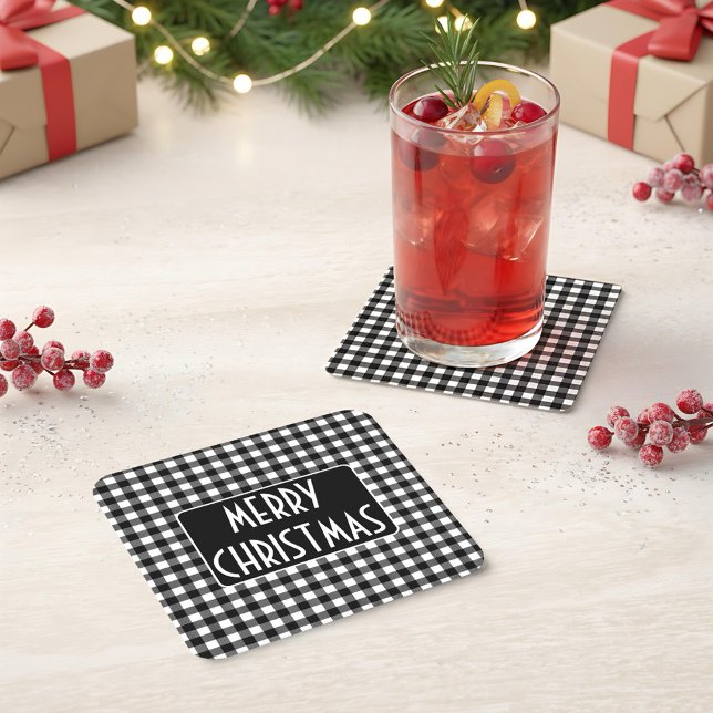 Rustic Black & White Buffalo Plaid Merry Christmas Square Paper Coaster (Creator Uploaded)