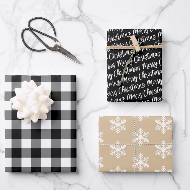 Rustic Black White Buffalo Plaid Merry Christmas Wrapping Paper Sheet (Front)
