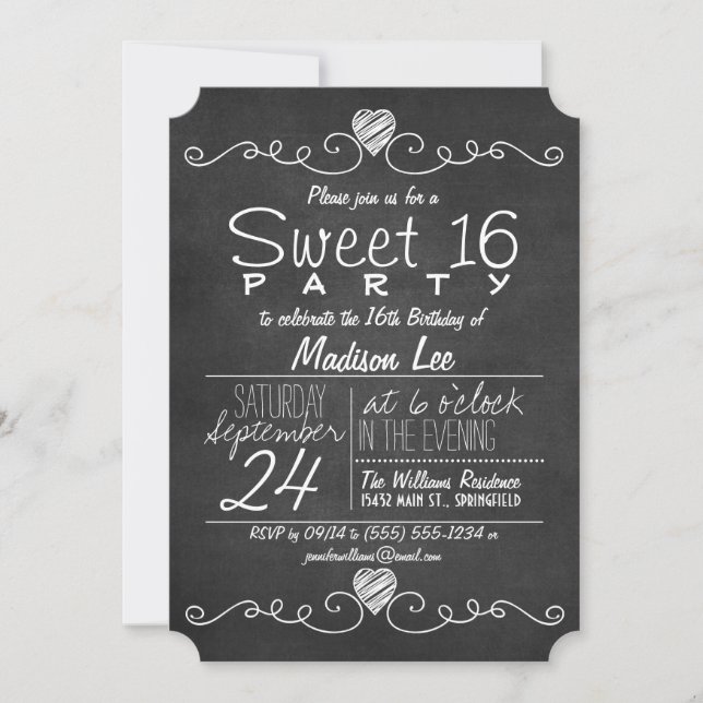 Rustic Black & White Chalkboard Sweet 16 Party Invitation (Front)