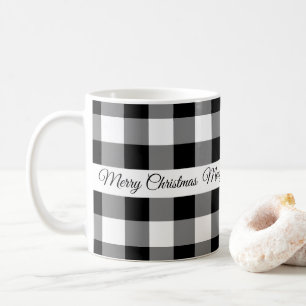 Rustic Black White Chequered Merry Christmas Coffee Mug