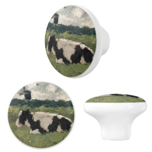 Rustic Black + White Cow and Windmill Vintage Art Ceramic Knob