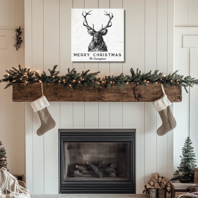 Rustic Black White Deer Christmas Monogram  Canvas Print (Rustic Black White Deer Christmas Monogram Canvas Print)