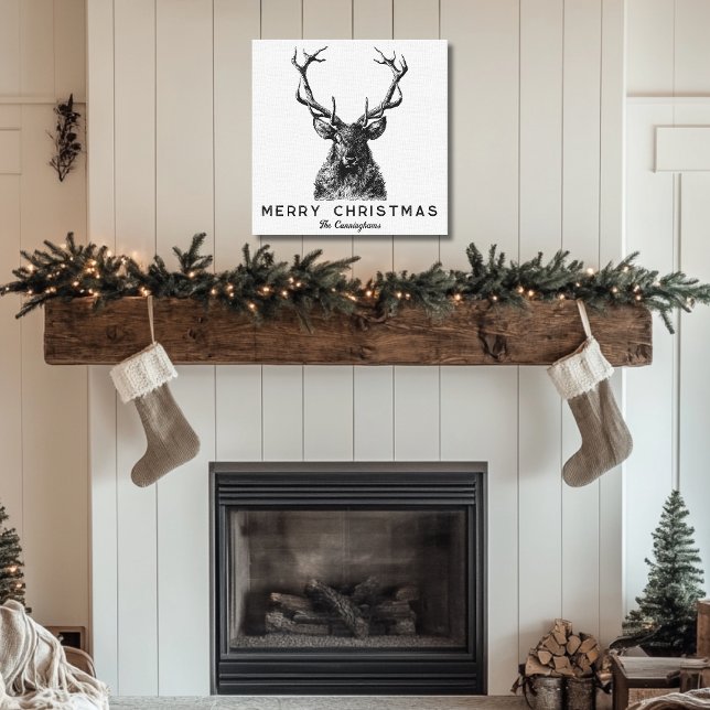 Rustic Black White Deer Christmas Monogram  Canvas Print (Rustic Black White Deer Christmas Monogram Canvas Print)