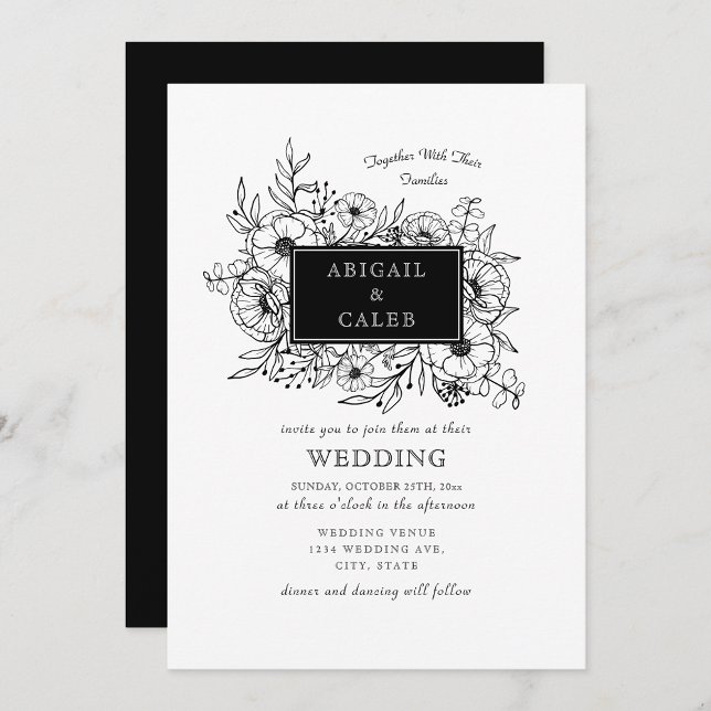 Rustic Black & White Floral Ink Wedding Invitation (Creator Uploaded)