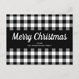 Rustic Black White Gingham Checks Merry Christmas Postcard