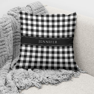 Rustic Black & White Gingham Pattern Name Cushion