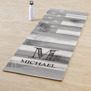 Rustic black white grey Wood USA flag Monogram Yoga Mat