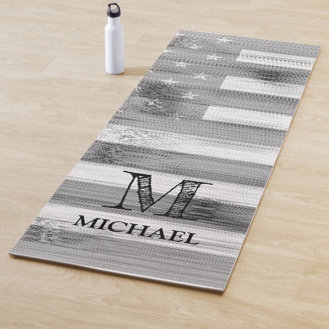 Rustic black white grey Wood USA flag Monogram Yoga Mat (In Situ)