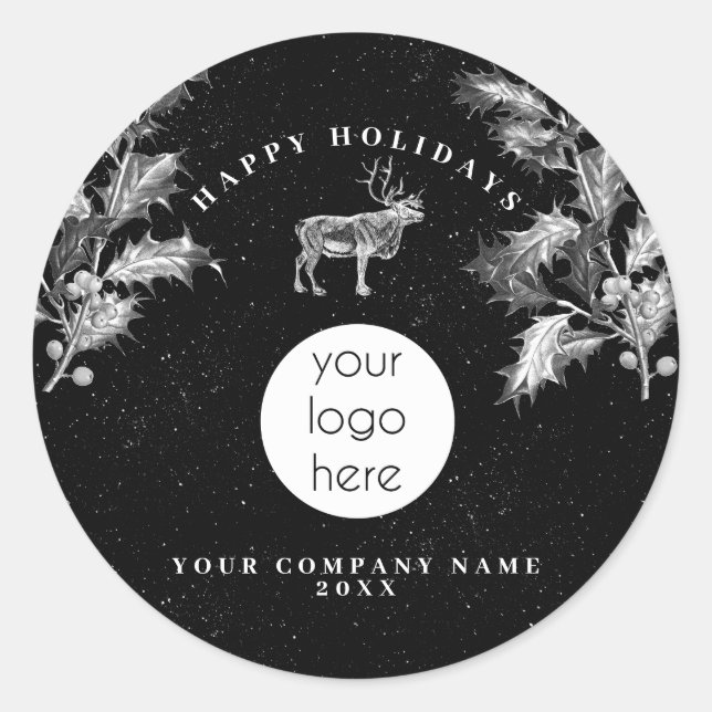 Rustic Black White Holiday Business Logo Christmas Classic Round Sticker (Front)