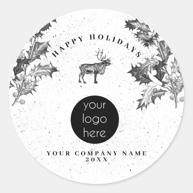 Rustic Black White Holiday Business Logo Christmas Classic Round Sticker (Front)