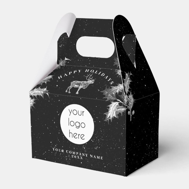 Rustic Black White Holiday Business Logo Christmas Favour Box (Front Side)