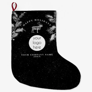 Rustic Black White Holiday Business Logo Christmas Large Christmas Stocking