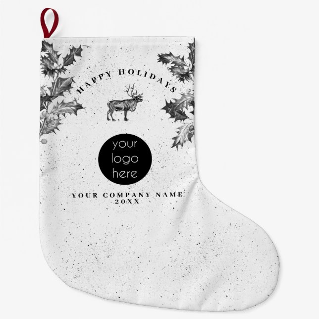 Rustic Black White Holiday Business Logo Christmas Large Christmas Stocking (Front)