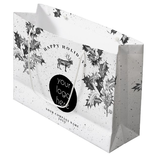 Rustic Black White Holiday Business Logo Christmas Large Gift Bag (Front Angled)