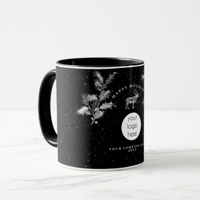 Rustic Black White Holiday Business Logo Christmas Mug (Front Left)