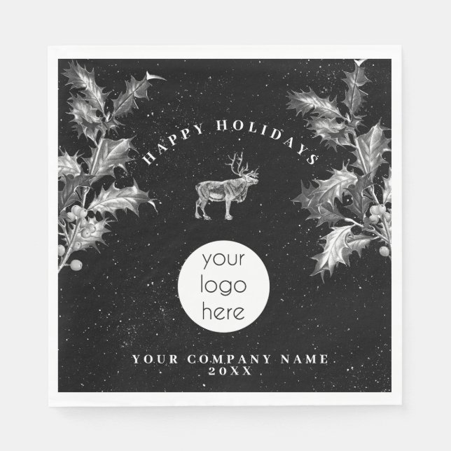 Rustic Black White Holiday Business Logo Christmas Napkin (Front)