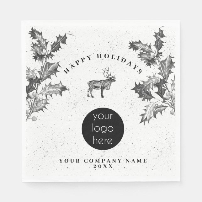 Rustic Black White Holiday Business Logo Christmas Napkin (Front)