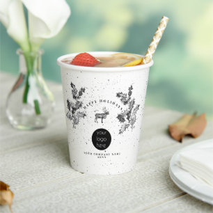 Rustic Black White Holiday Business Logo Christmas Paper Cups