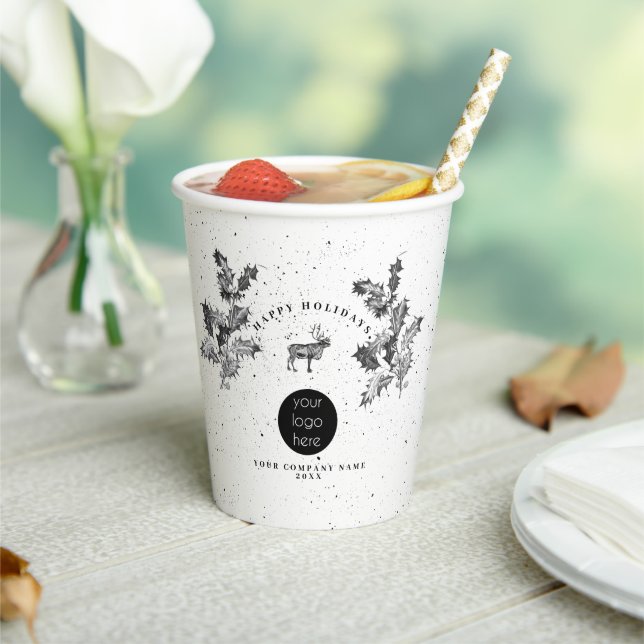 Rustic Black White Holiday Business Logo Christmas Paper Cups (Insitu)