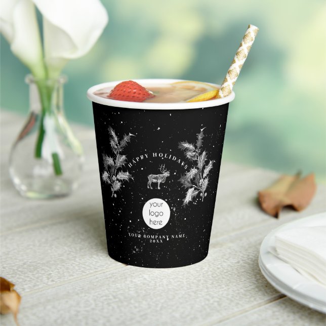 Rustic Black White Holiday Business Logo Christmas Paper Cups (Insitu)