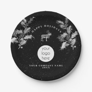 Rustic Black White Holiday Business Logo Christmas Paper Plate