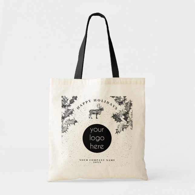 Rustic Black White Holiday Business Logo Christmas Tote Bag (Front)
