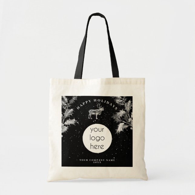 Rustic Black White Holiday Business Logo Christmas Tote Bag (Front)