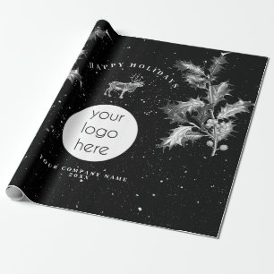 Rustic Black White Holiday Business Logo Christmas Wrapping Paper