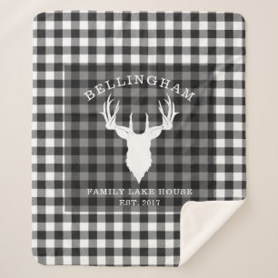 Rustic Black White Lake House Plaid Family Sherpa Blanket