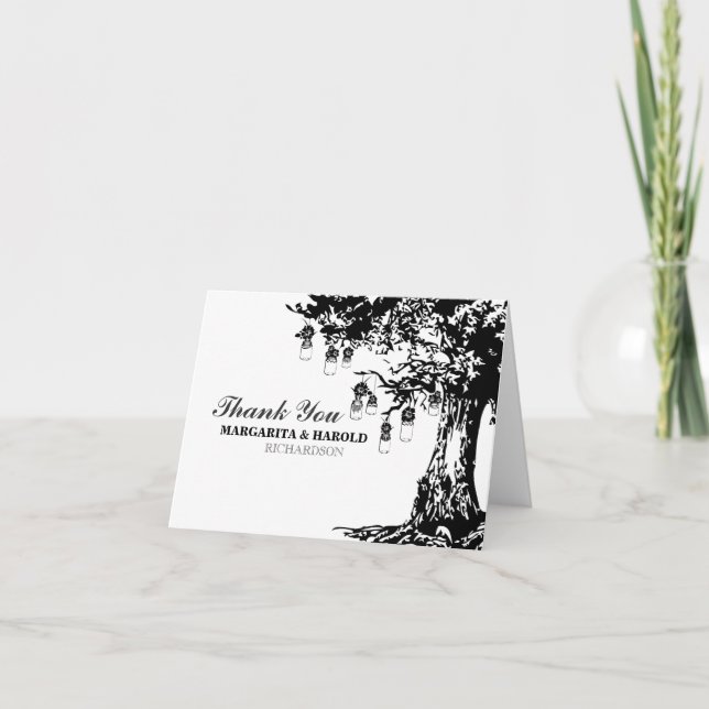 Rustic black white mason jars tree thank you cards (Front)