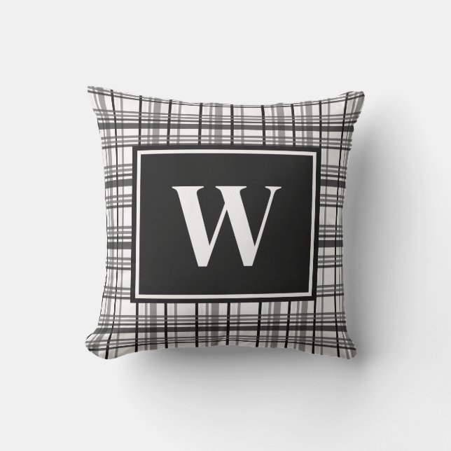 Rustic Black & White Plaid Monogram Cushion (Front)