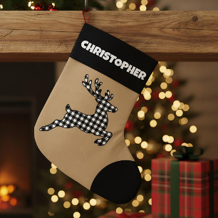 Rustic Black & White Plaid Reindeer Custom Name Large Christmas Stocking
