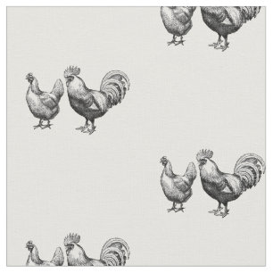 Rustic Black White Rooster and Hen Pattern Fabric