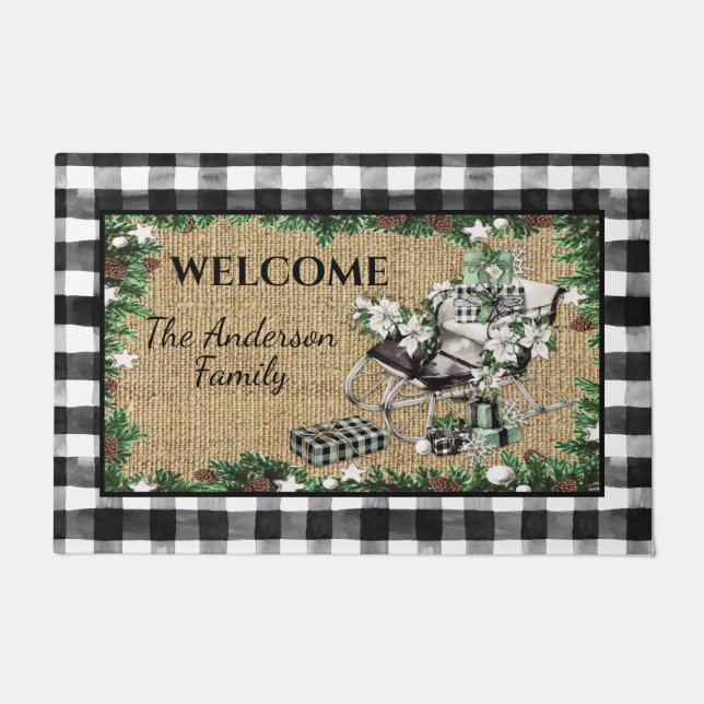 Rustic Black & White Sleigh Black & Green Packages Doormat (Front)