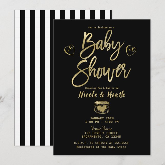 Rustic Black White Stripes & Gold Baby Shower   Invitation (Front/Back)