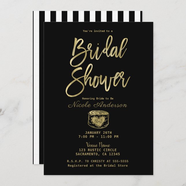 Rustic Black White Stripes & Gold Bridal Shower   Invitation (Front/Back)