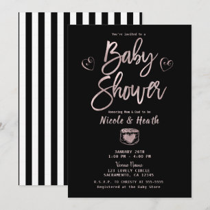 Rustic Black White Stripes Rose Gold Baby Shower   Invitation