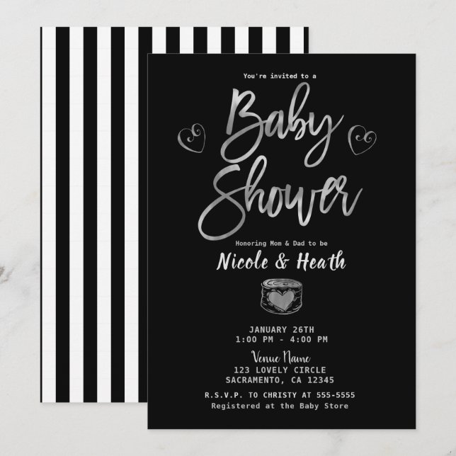 Rustic Black White Stripes & Silver Baby Shower    Invitation (Front/Back)