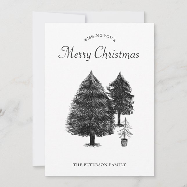 Rustic Black & White Tree Drawing Merry Christmas Holiday Card (Front)