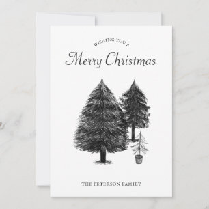 Rustic Black & White Tree Drawing Merry Christmas Holiday Card