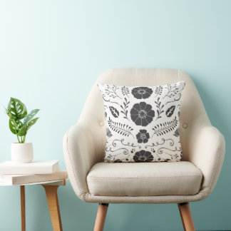 Rustic Black White Vintage Modern Floral Cushion