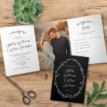 Rustic Black White Wildflower Boho Photo Wedding Tri-Fold Invitation<br><div class="desc">This elegant tri-fold wedding invitation design features rustic hand-drawn wildflower accents paired with elegant typography. The inside of the card features the invitation, one vertical photo, and an rsvp card that can be cut and mailed. The rsvp card requires standard first class postage (not postcard rate). On the back of...</div>