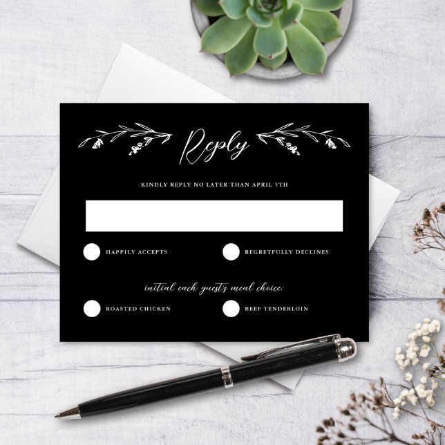 Rustic Black White Wildflower Wedding RSVP Card (Creator Uploaded)