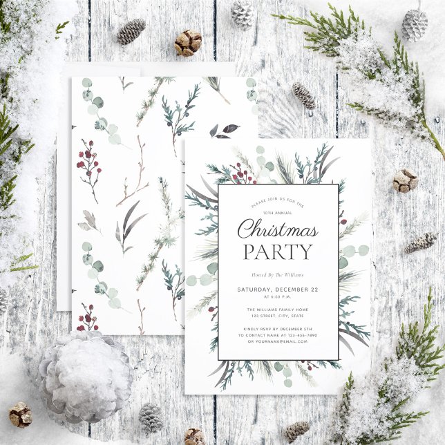 Rustic Black Winter Botanical Christmas Party Invitation (Creator Uploaded)
