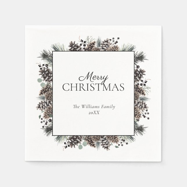Rustic Black Winter Pinecone Merry Christmas  Napkin (Front)