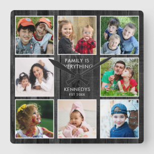 Rustic Black Wood 8 Photo Collage Family Quote Square Wall Clock