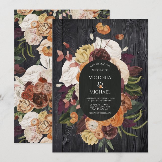 Rustic Black Wood Autumn Floral Wreath Wedding Invitation (Front/Back)
